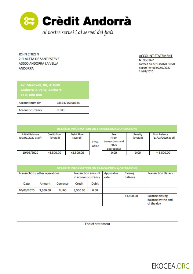 Andorra Credit Relevé bancaire d'Andorre